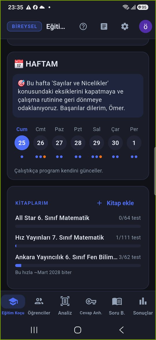 Eğitim Koçu Haftam ekranı: kitaplar ve bitiş tahmini